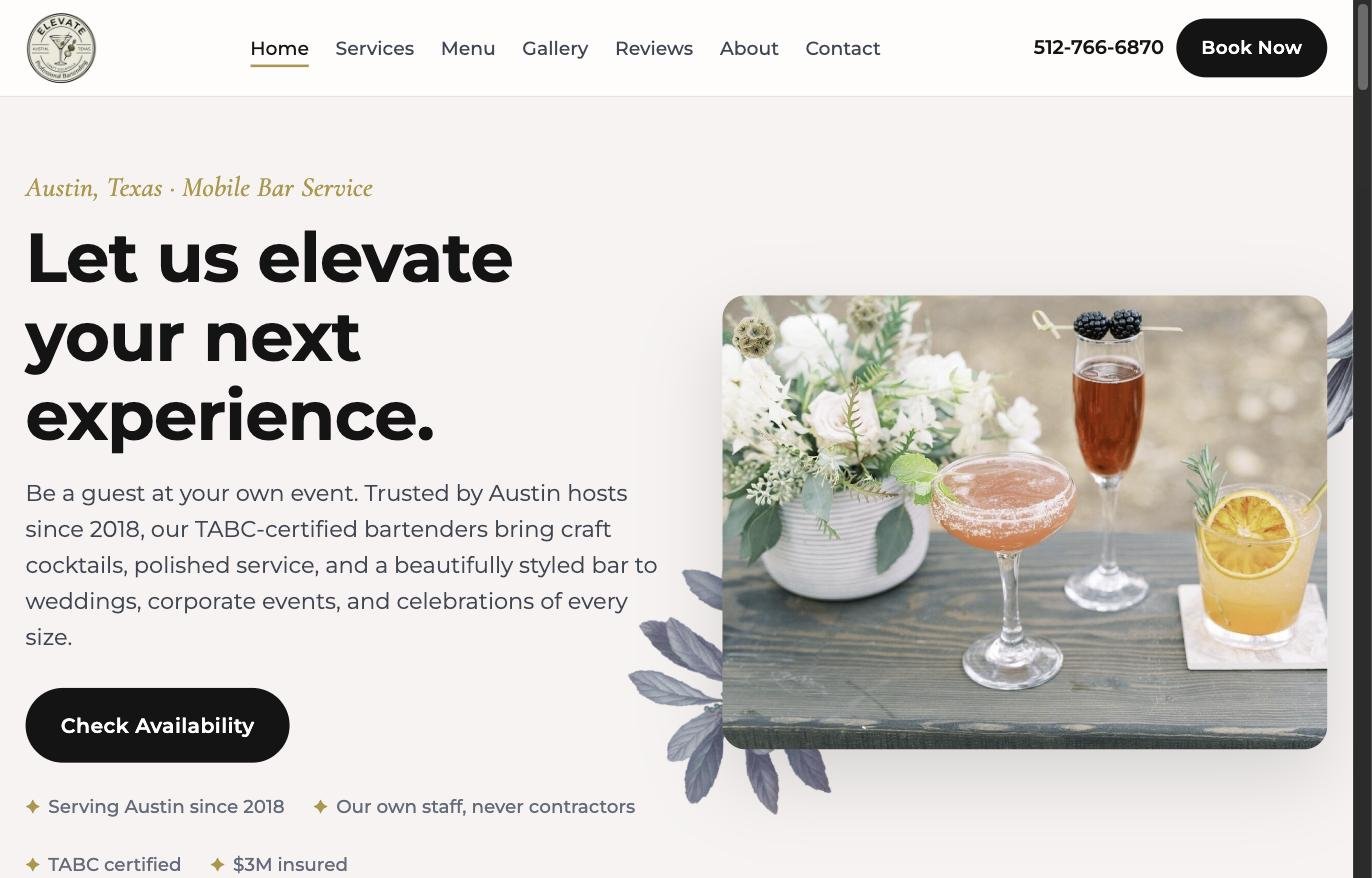 Elevate Professional Bartending website